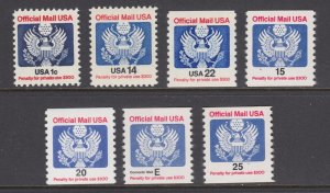 US Sc O127/O141 MNH. 1983-88 Official stamps, 7 different singles , fresh, VF