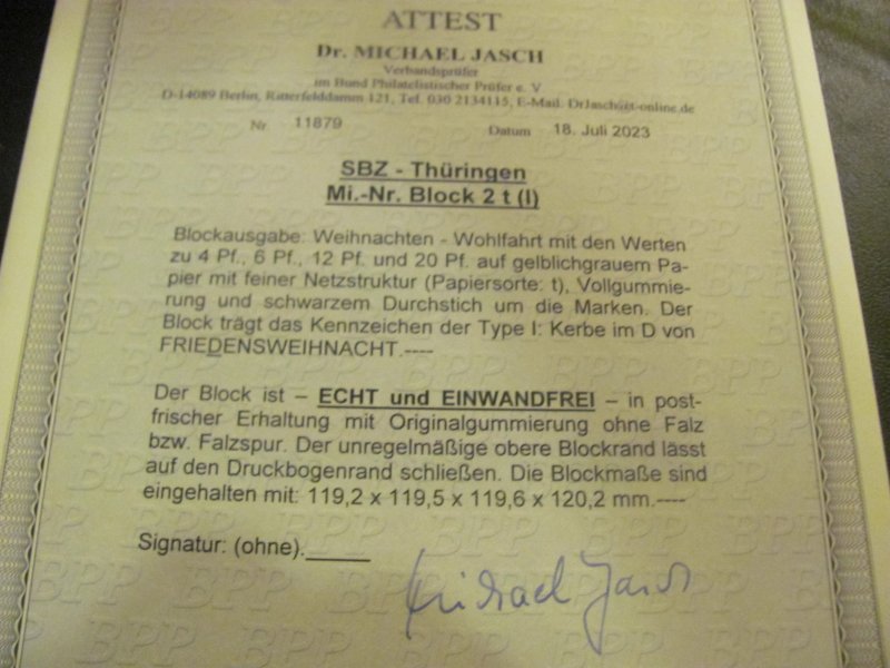 Germany SBZ MNH 1945 Thuringen CERTIFICATE JASCH Block 2t (I) BLOCK  XF (159)