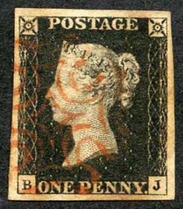 Penny Black (BJ) Plate 4 cancelled with Red MX Four Margins