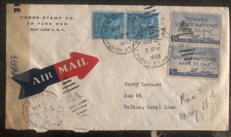 1945 New York USA Censored Airmail Cover To Balboa Canal Zone Panama