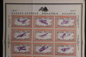 Postal Stamp centenary expo Philatelic Alliance NY club airplane sheet 1947 DM