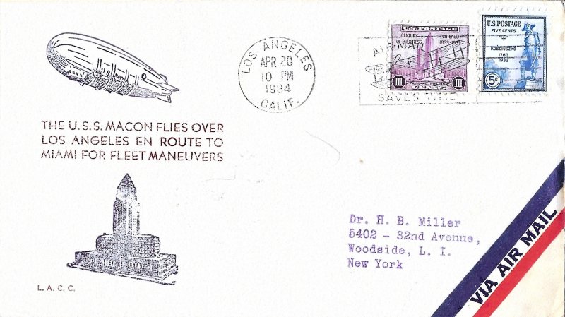 Apr 20 1934 Cover, USS Macon Flies Over Los Angeles En Route to Miami