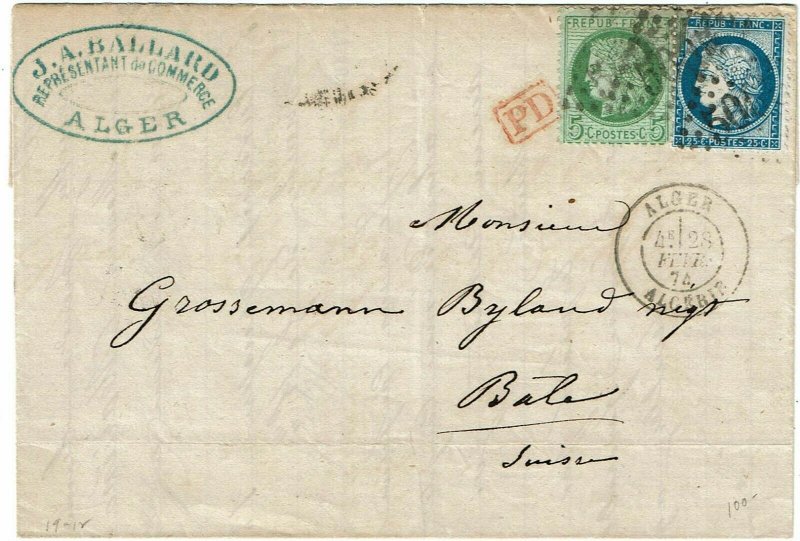 Algeria 1874 Alger 5005 grid cancel on cover to Switzerland