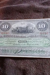 Cuba-1896.10 Pesos..Banco Espanol de la Isla de Cuba-Bill Serie 455382E.UNC.