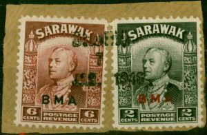 Brunei 1945 6c + 2c BMA of Sarawak SG127-131 with Local Opt on Piece