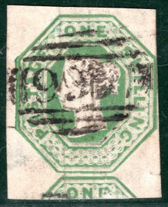 GB QV EMBOSSED Stamp SG.55 1s Green (1847) Used Cat £1,000 {samwells}ORED36