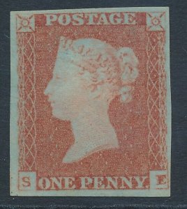 SG 8 1d red-brown plate 80 lettered S.E. Fine lightly mounted mint. 4 margins
