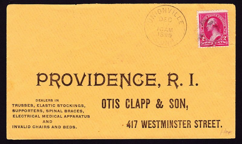 ? 1895 OTIS CLAPP & SON ADVERTISING COVER WITH 2 CENT WASHINGTON + BACKSTAMP