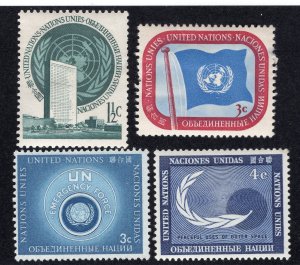 UN 1951-62 1 1/2c Emblem, 3c Flag, 3c Force, 4c Space, Scott 2, 4, 51, 112 MH