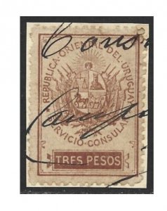 Uruguay 1889 Revenue Consulat $3 Brown Fine Used, on Small piece-