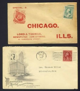 2x USA Chicago Ad. covers L&T Newspaper advert & Morrison Hotel 1931 Pekin ILL.