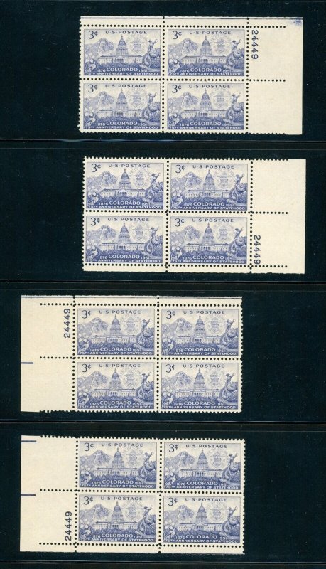 US Stamp #1001 Colorado Statehood 3c - 4 Corner Block Plates #24449 - MNH