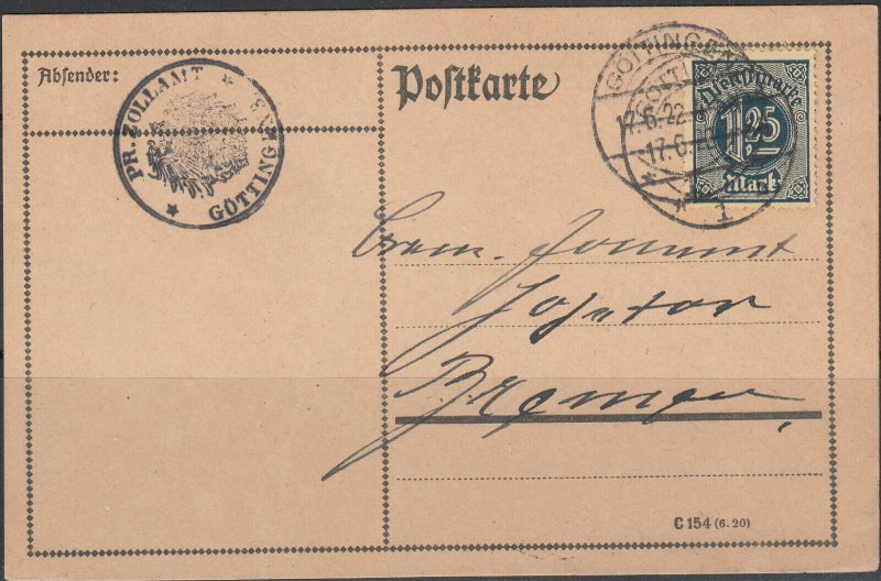 Germany - 17.6.1922 1.25M as single franking on PC to Bremen (5223)