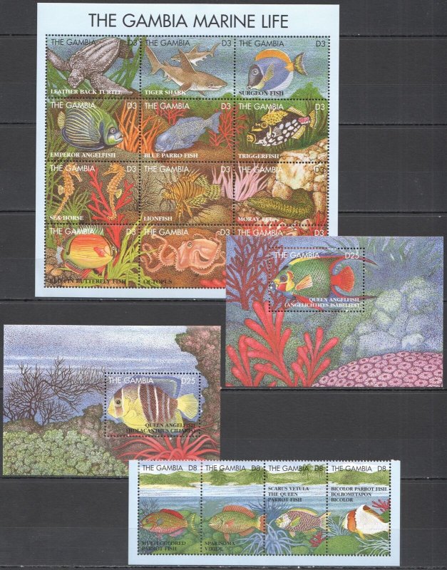 B0260 Gambia Fauna Fish & Marine Life #2066-81 Michel 58 Euro 1Sh+1Set+2Bl Mnh