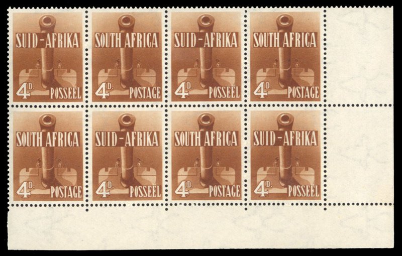 South Africa #86 Cat$40, 1941 4p orange brown, se-tenant block of eight, neve...