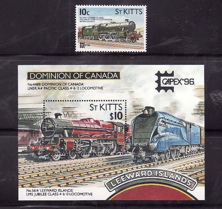 St. Kitts-Sc#407-8- id7-unsed NH set + sheet-Trains-Locomotives-1996-