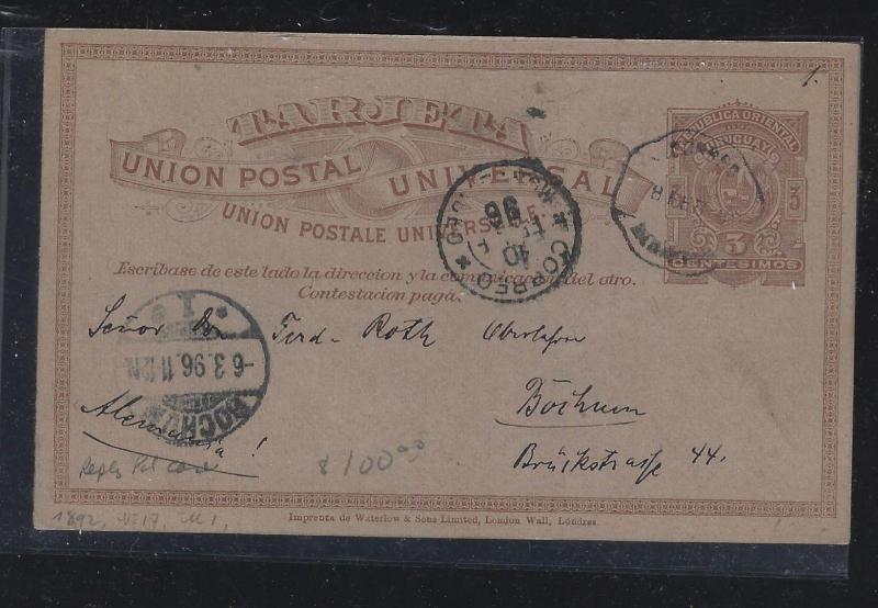 URUGUAY (P0105B)  1896 5C REPLY PSC TO GERMANY,  1/2 USED