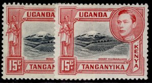 KENYA UGANDA TANGANYIKA GVI SG137 + 137a, 15c PERF VARIETIES, M MINT. Cat £53.