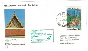 Thailand 1987 Cover Stamps First Flight Bangkok Jakarta Indonesia Lufthansa