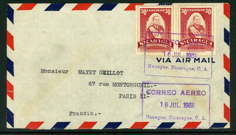 Nicaragua 1939  Censored Airmail  Cover  to Paris U670 ⭐