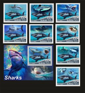 Stamps. Fauna. Shark  2023 year block + 8 stamps  perf Burkino Faso NEW