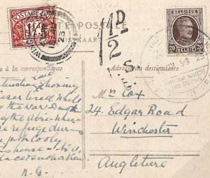 BELGIUM Underpaid Card GB POSTAGE DUES 1½d Niveze 1923 Winchester {samwells}GD11