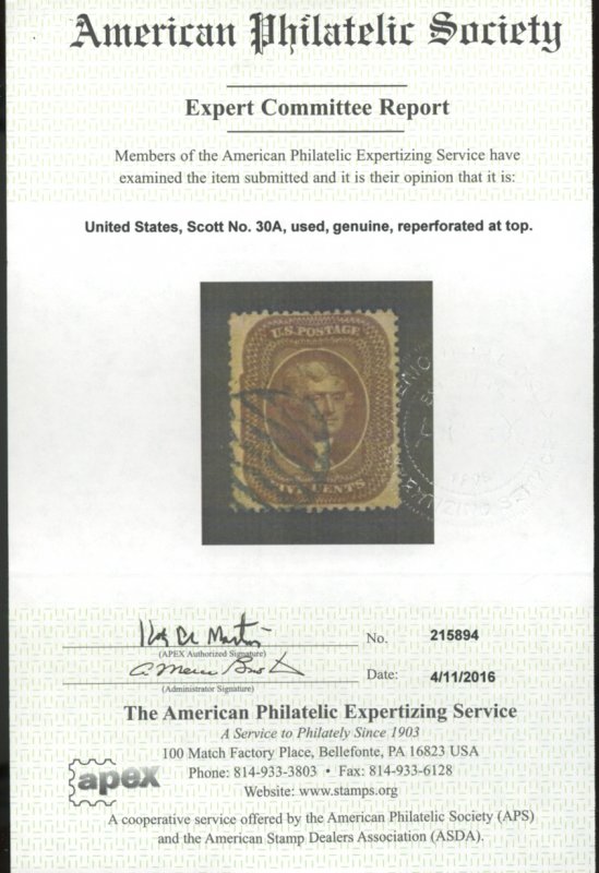 U.S. #30A USED WITH APS CERT
