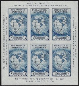 US 735 - MNH Souvenir Sheet of 6, Byrd Exhibition.  Imperforate.  NGAI.