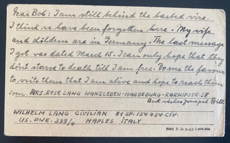 1946 Naples Italy Civilian Prisoner of War POW War Postcard cover To San Francis