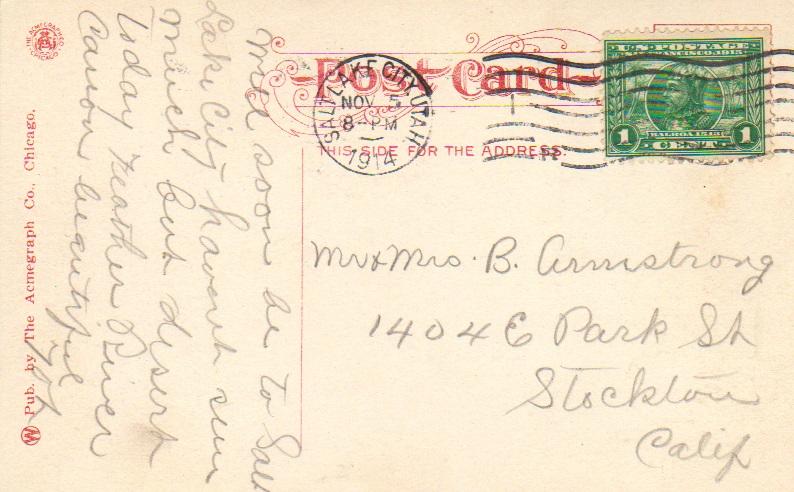 United States Utah Salt Lake City 1914 machine  1c Panama Pacific PPC.