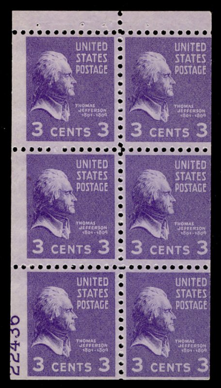 US #807a BOOKLET PANE with PLATE NUMBER, large 90% plate 22436, mint never hi...