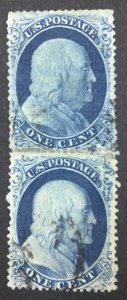 MOMEN: US STAMPS #21-22 VERTICAL PAIR 58/68R4 PLATE 4 USED LOT #76528