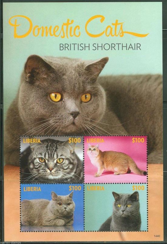 LIBERIA 2014  DOMESTIC CATS BRITISH SHORTHAIR SHEET OF FOUR MINT NH