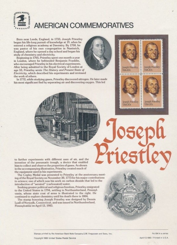 Just Fun Cover #2038,CP183 MNH JOSEPH PRIESTLY COMMEMORATIVE PANEL (10102)