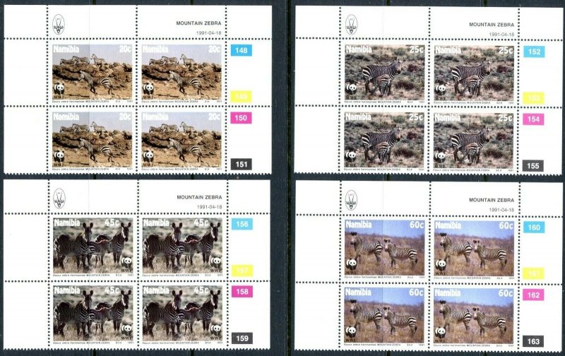 NAMIBIA Sc#694-697 1991 Mountain Zebras WWF Blocks of 4 Complete Mint OG NH