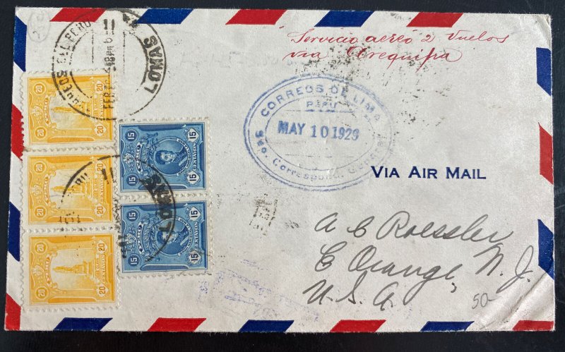 1929 Lomas Peru Early Airmail Cover To Orange NJ Usa Via Arequipa 