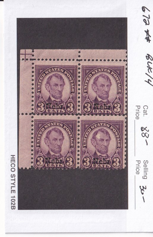 US: Sc #672, 3c Abraham Lincoln, Nebraska Overprint, Blk/4, MNH (F31287)