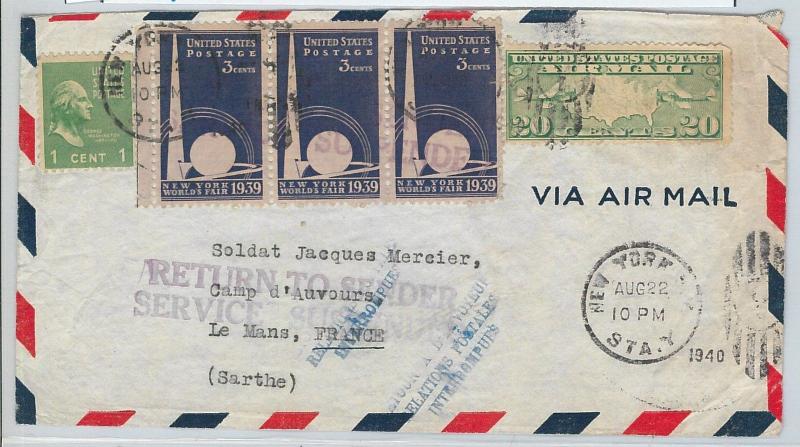 58694 -  United States  - POSTAL HISTORY: COVER to FRANCE 1940  Return to SENDER