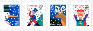 1993 29c Christmas Designs, Strip of 4 Scott 2799-2802 Mint F/VF NH