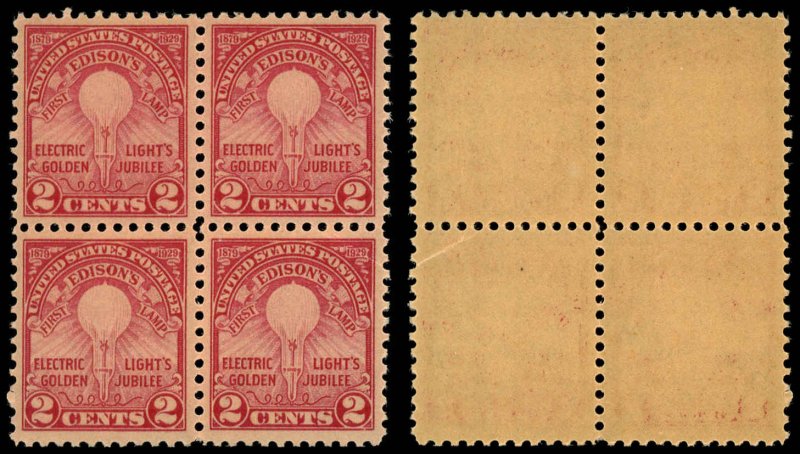 US Sc 654 VF/MNH BLOCK of 4 - 1929 2¢ - Edison's First Lamp - See Descr...