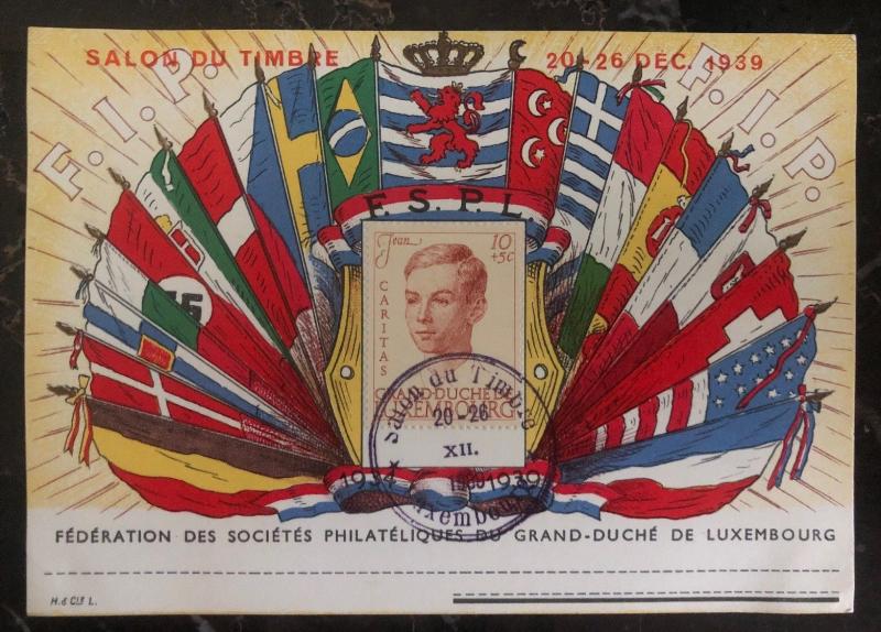 1939 Luxembourg Postcard Cover FDC Philatelic Exhibition Prince Jean Stamp