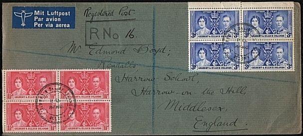 GILBERT & ELLICE IS 1938 reg cover Coronation blks undated PO/BERU pmks...18313