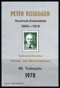 1978 Austria Souvenir Sheet 60th Anniversary Death Peter Rosegger Austrian Poet