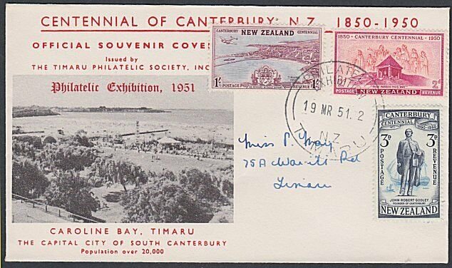 NEW ZEALAND 1951 Timaru Philatelic Exhibition cover and cancel + cinderella.L253