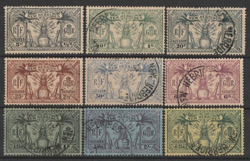 NEW HEBRIDES 1925 Weapons & Idols dual currency set ½d (5c) to 5/- (6Fr25).