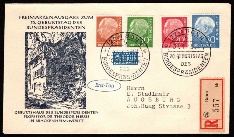 GER SC #703,708,710,712 +NOTOPFER 1954 Pres. Huess FDC 01-31-1954, REG'D