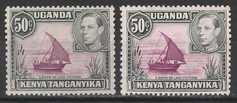 KENYA UGANDA & TANGANYIKA 1938 KGVI DHOW 50C DIE II 2 DIFF SHADES P13 X 11.75