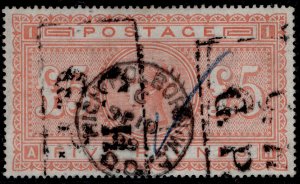 GB QV SG133, SCARCE £5 orange BLUED PAPER, USED. Cat £12500. AH