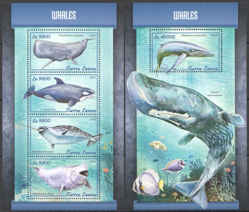 HM1431 2018 SIERRA LEONE WHALES FISHES MARINE LIFE FAUNA #9350-3+BL1399 MNH