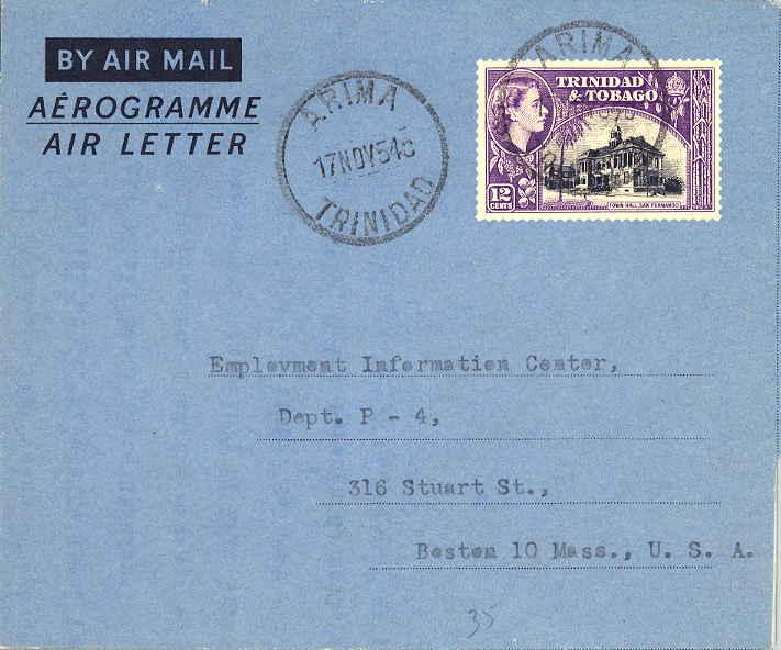 Trinidad 12c QEII Town Hall, San Fernando 1954 Arima, Trinidad Air Letter Air...
